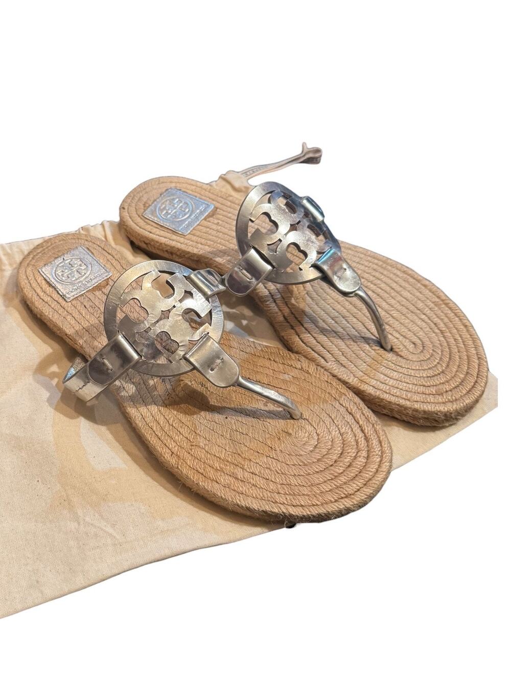 Tory Burch Size 10 Metallic Silver Jute Miller Espadrille Sandals Dust Bag